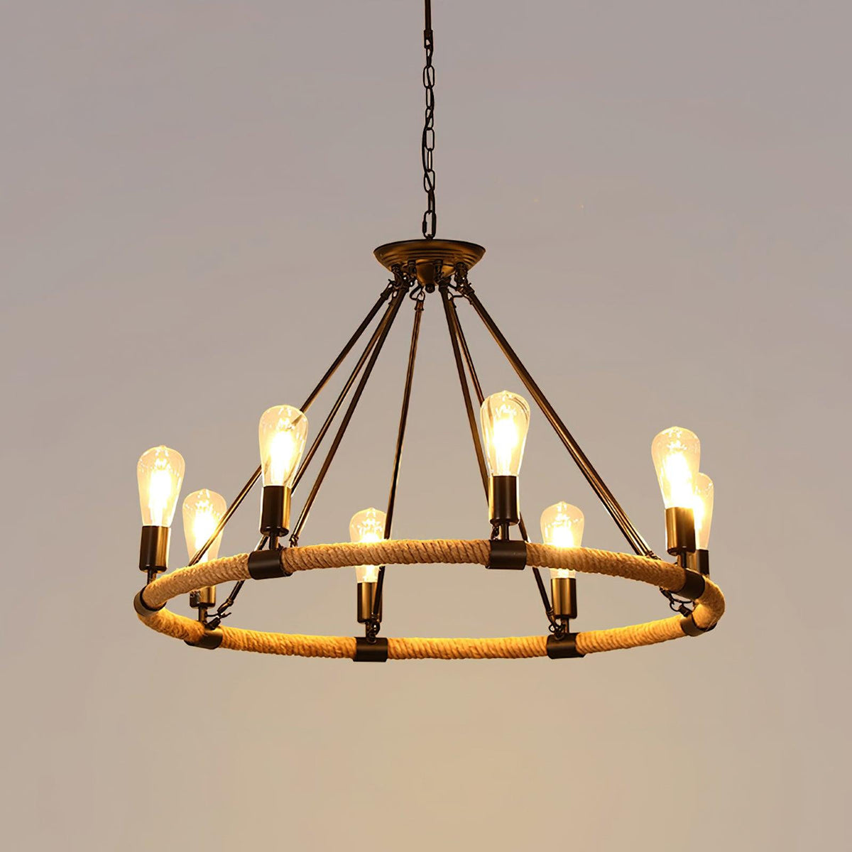 Industrial Hemp Rope Circle Chandelier with Black Iron Frame