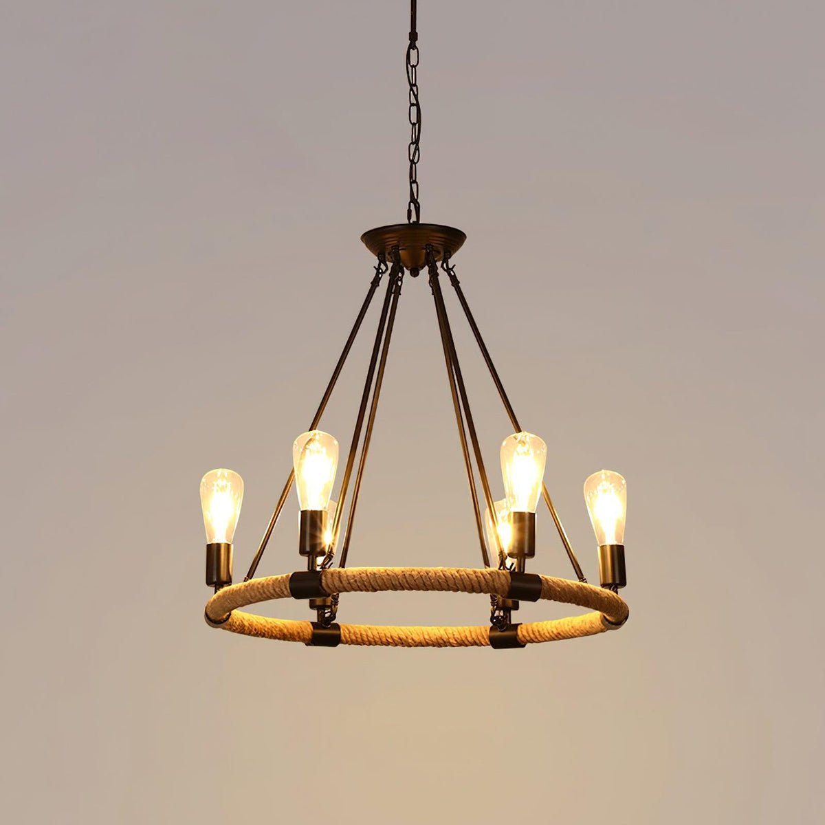 Industrial Hemp Rope Circle Chandelier with Black Iron Frame