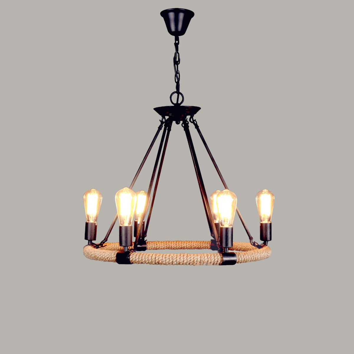 Industrial Hemp Rope Circle Chandelier with Black Iron Frame