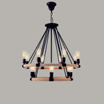 Industrial Hemp Rope Circle Chandelier with Black Iron Frame