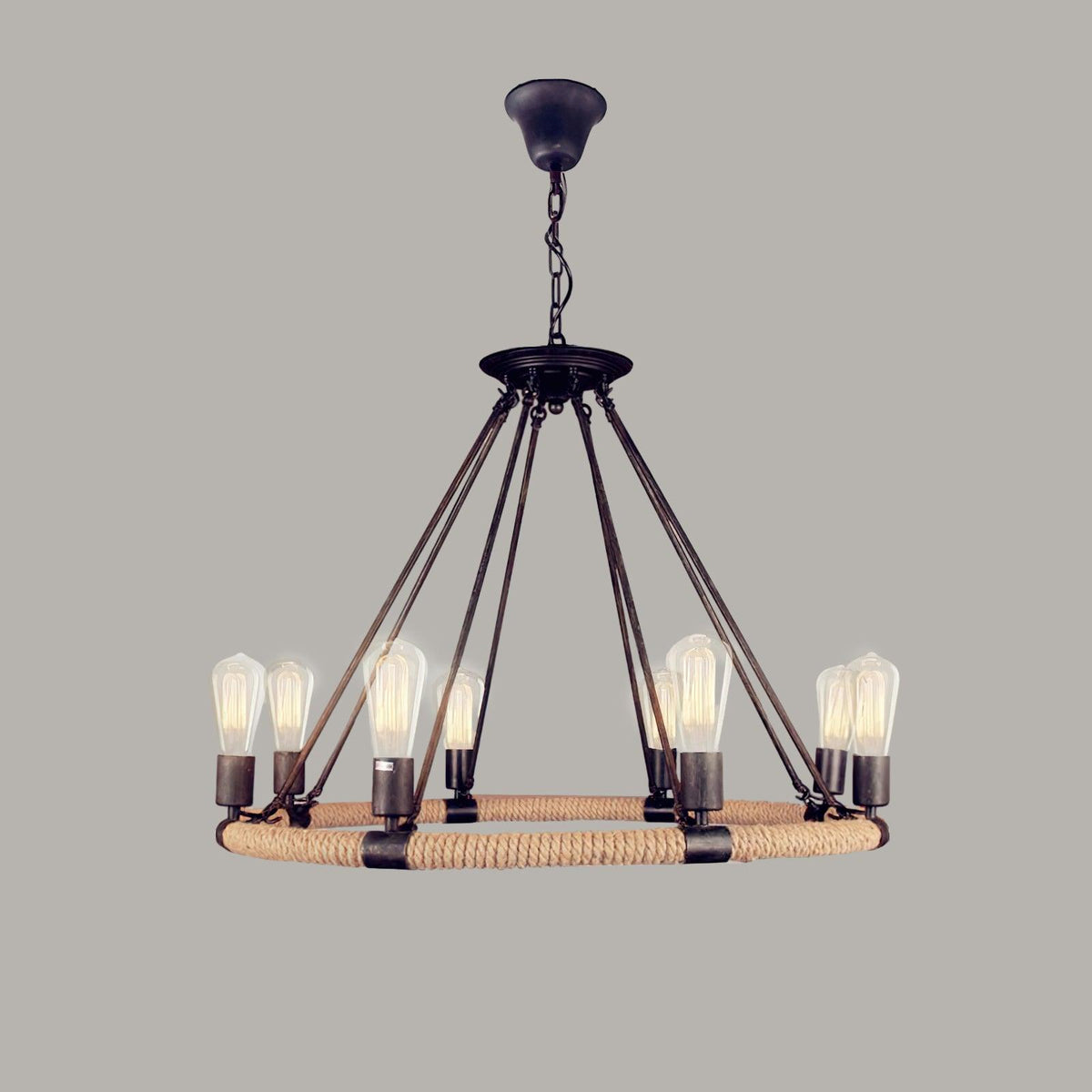Industrial Hemp Rope Circle Chandelier with Black Iron Frame