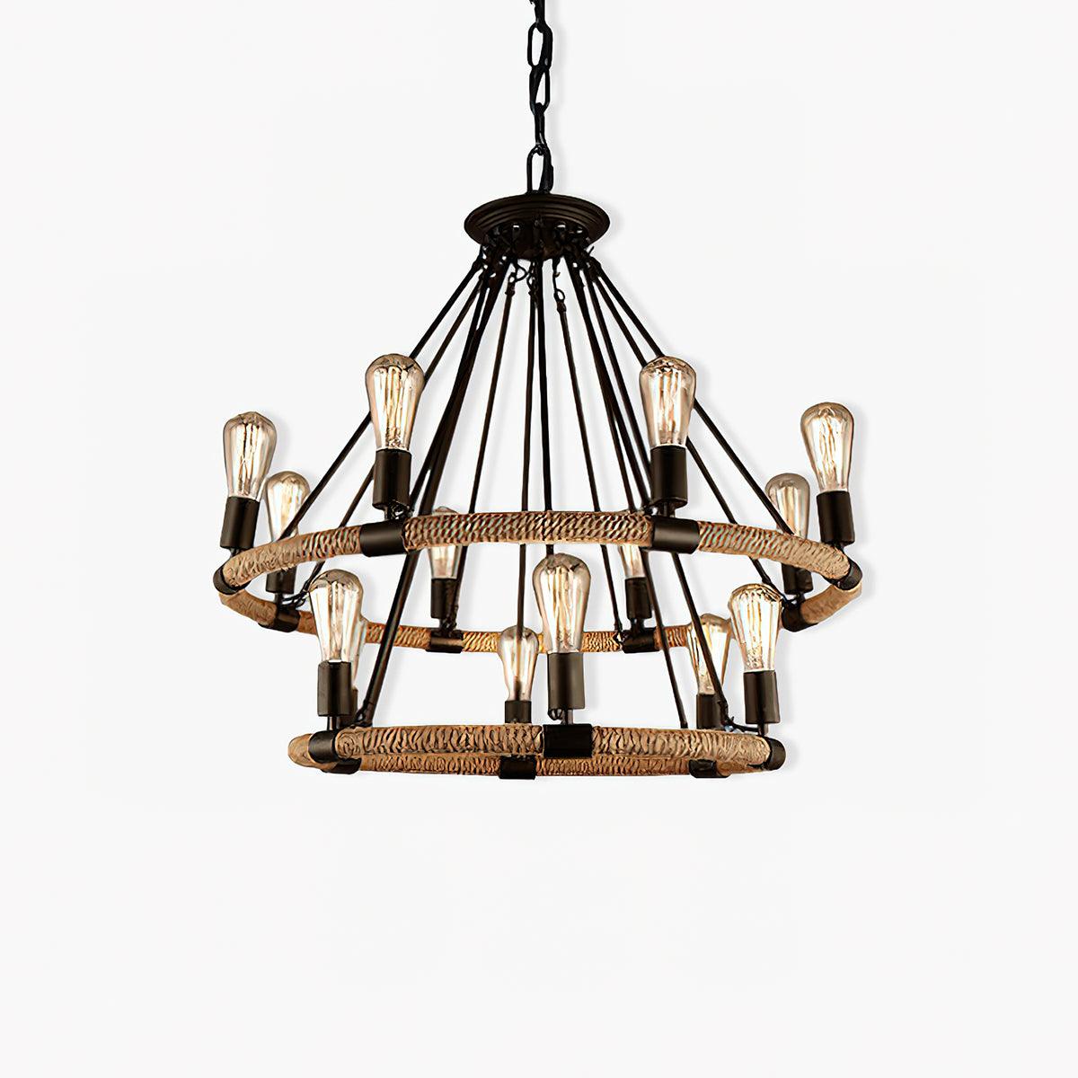 Industrial Hemp Rope Circle Chandelier with Black Iron Frame