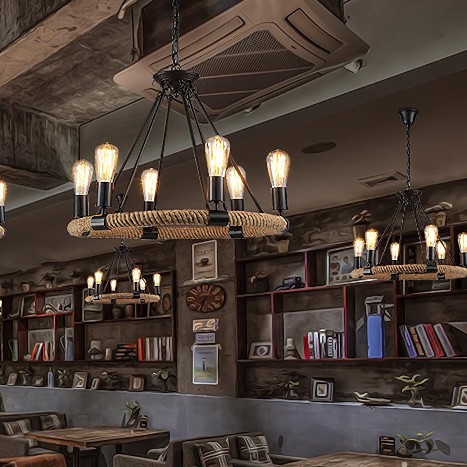 Industrial Hemp Rope Circle Chandelier with Black Iron Frame