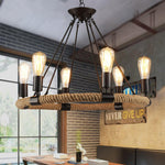 Industrial Hemp Rope Circle Chandelier with Black Iron Frame