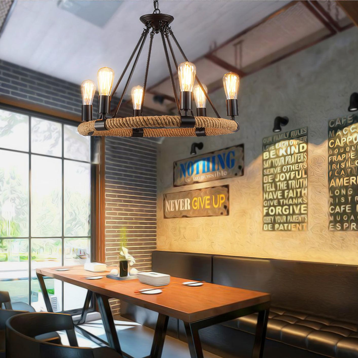 Industrial Hemp Rope Circle Chandelier with Black Iron Frame