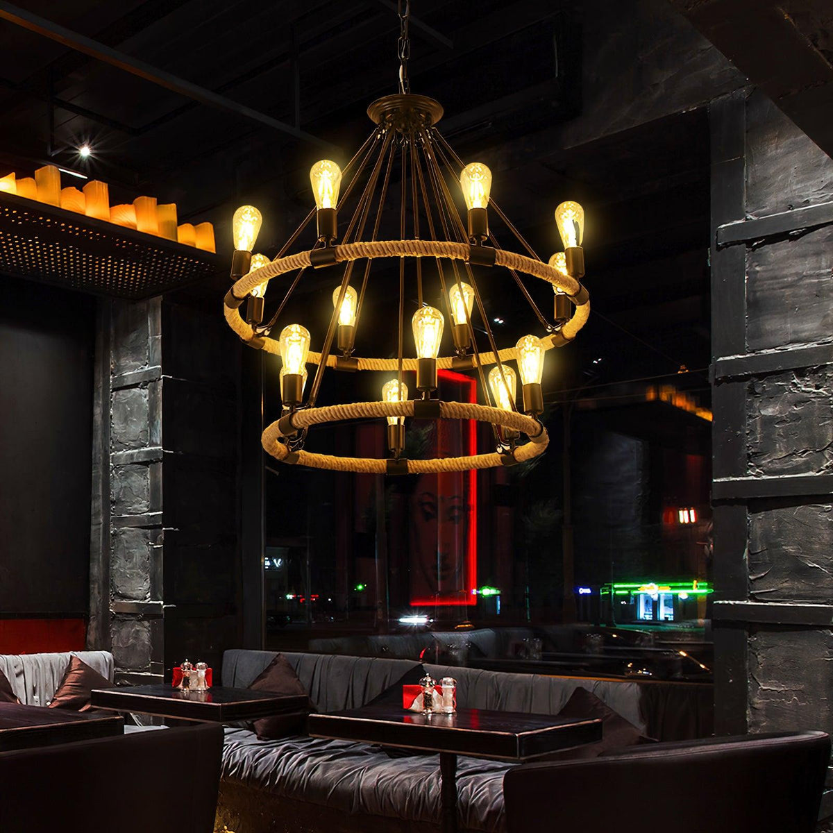 Industrial Hemp Rope Circle Chandelier with Black Iron Frame