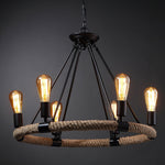 Industrial Hemp Rope Circle Chandelier with Black Iron Frame