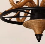 Industrial Hemp Rope Wheel Chandelier with Candle Lights for Dining Room