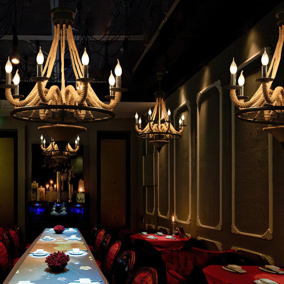 Industrial Hemp Rope Wheel Chandelier with Candle Lights for Dining Room