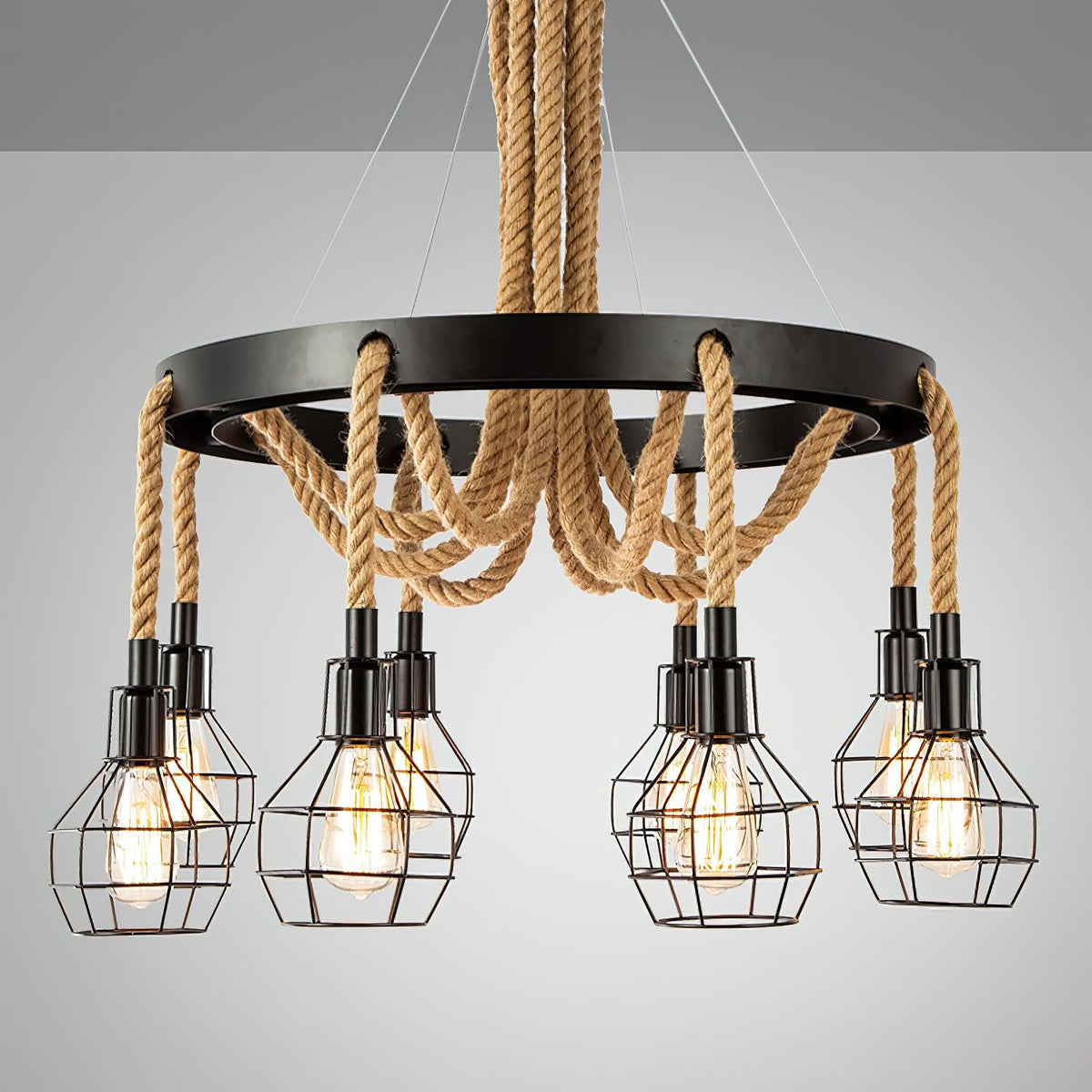 Industrial Starfall Chandelier with Hemp Rope Accents