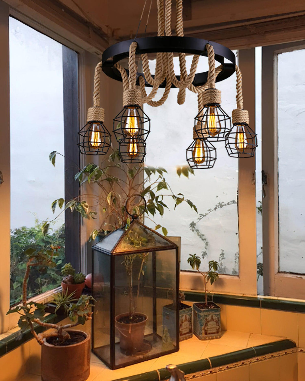 Industrial Starfall Chandelier with Hemp Rope Accents