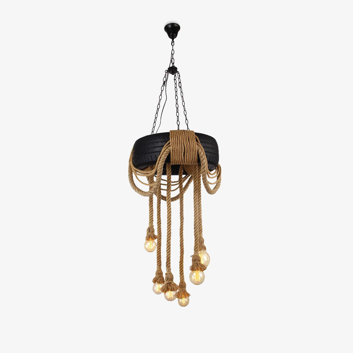 Industrial Hemp Rope Tire Chandelier with Edison Bulbs