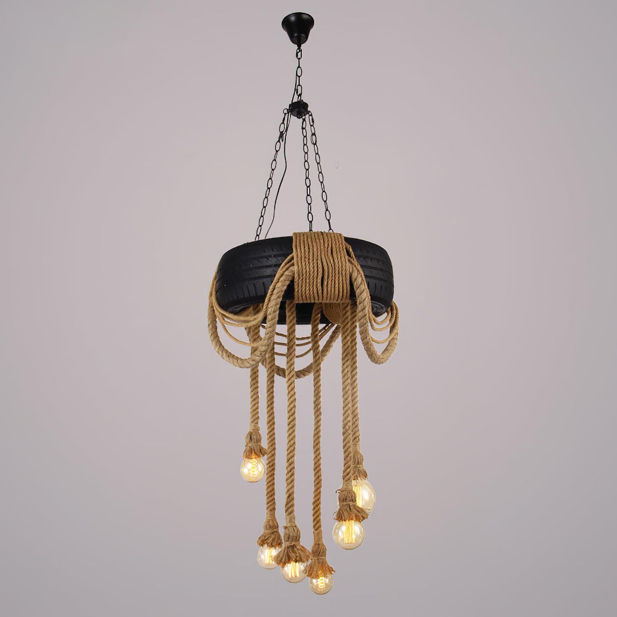 Industrial Hemp Rope Tire Chandelier with Edison Bulbs