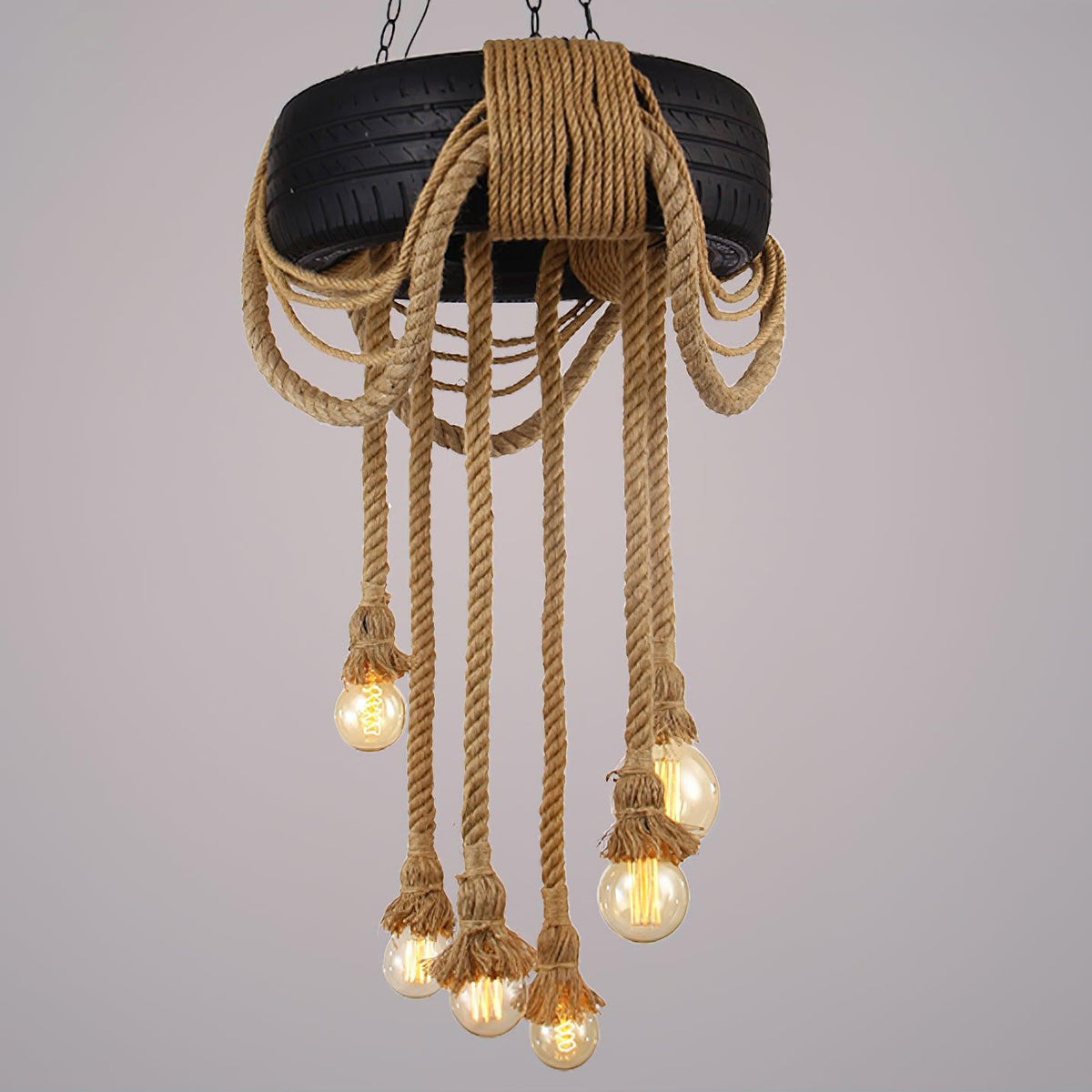 Industrial Hemp Rope Tire Chandelier with Edison Bulbs