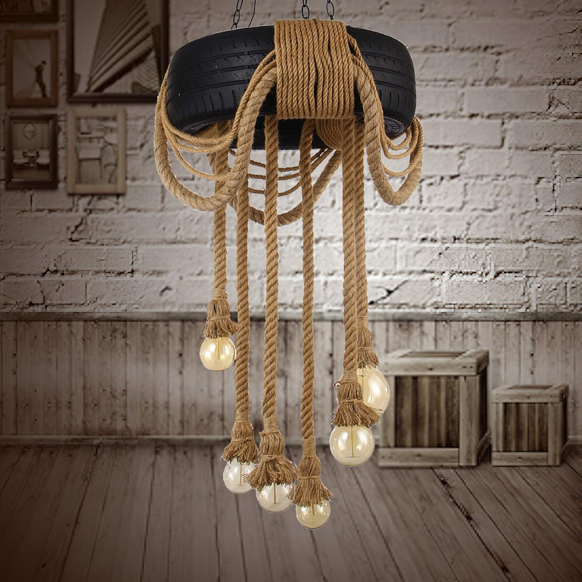 Industrial Hemp Rope Tire Chandelier with Edison Bulbs