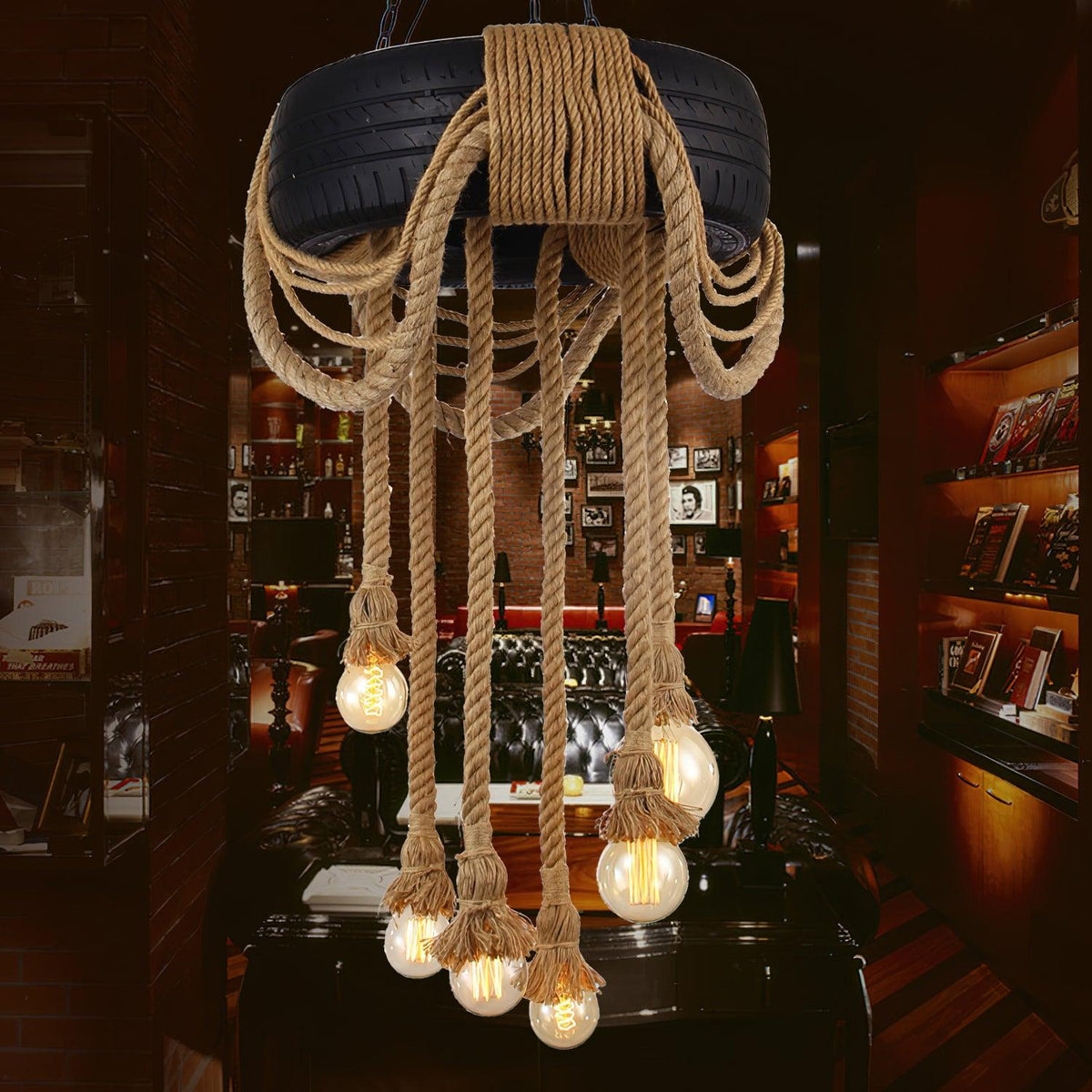 Industrial Hemp Rope Tire Chandelier with Edison Bulbs