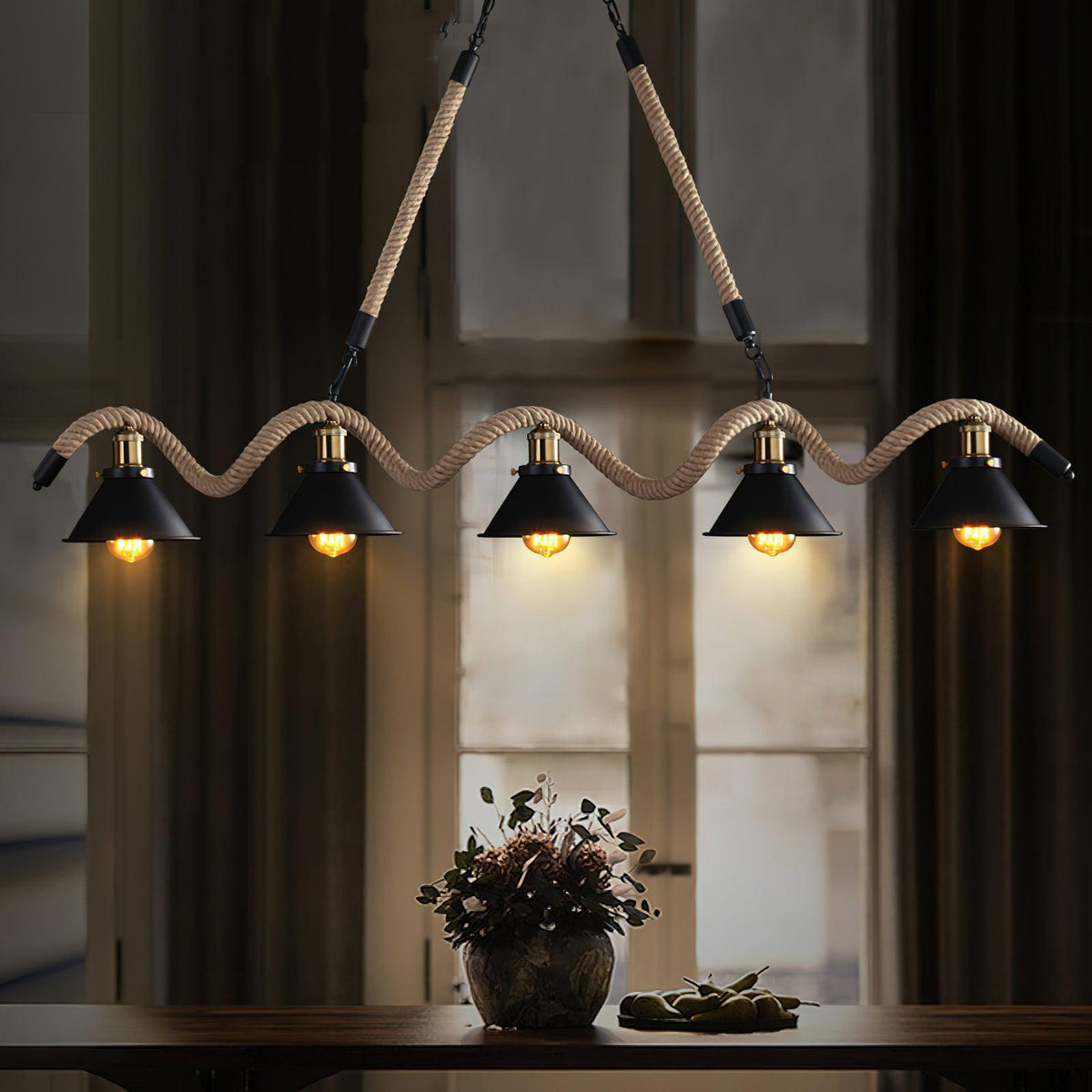 Industrial Wave Chandelier with Natural Hemp Rope – Modern Farmhouse Pendant Light