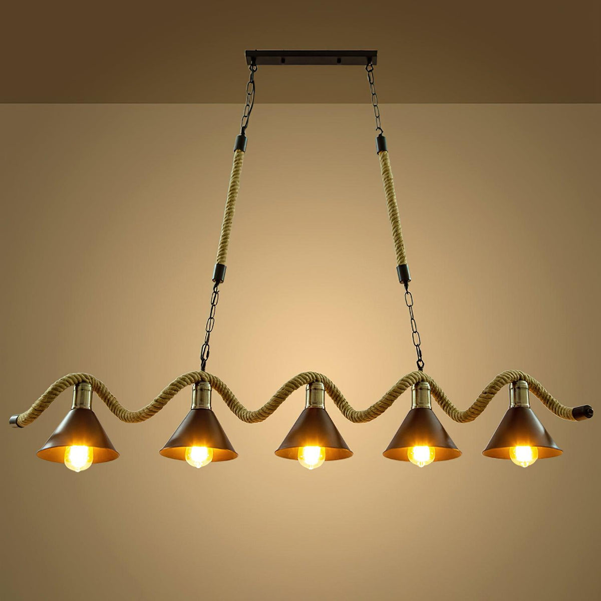 Industrial Wave Chandelier with Natural Hemp Rope – Modern Farmhouse Pendant Light