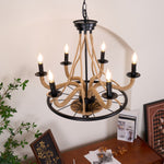 Industrial Hemp Rope Wheel Chandelier with Candle Lights for Dining Room