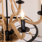 Industrial Hemp Rope Wheel Chandelier with Candle Lights for Dining Room