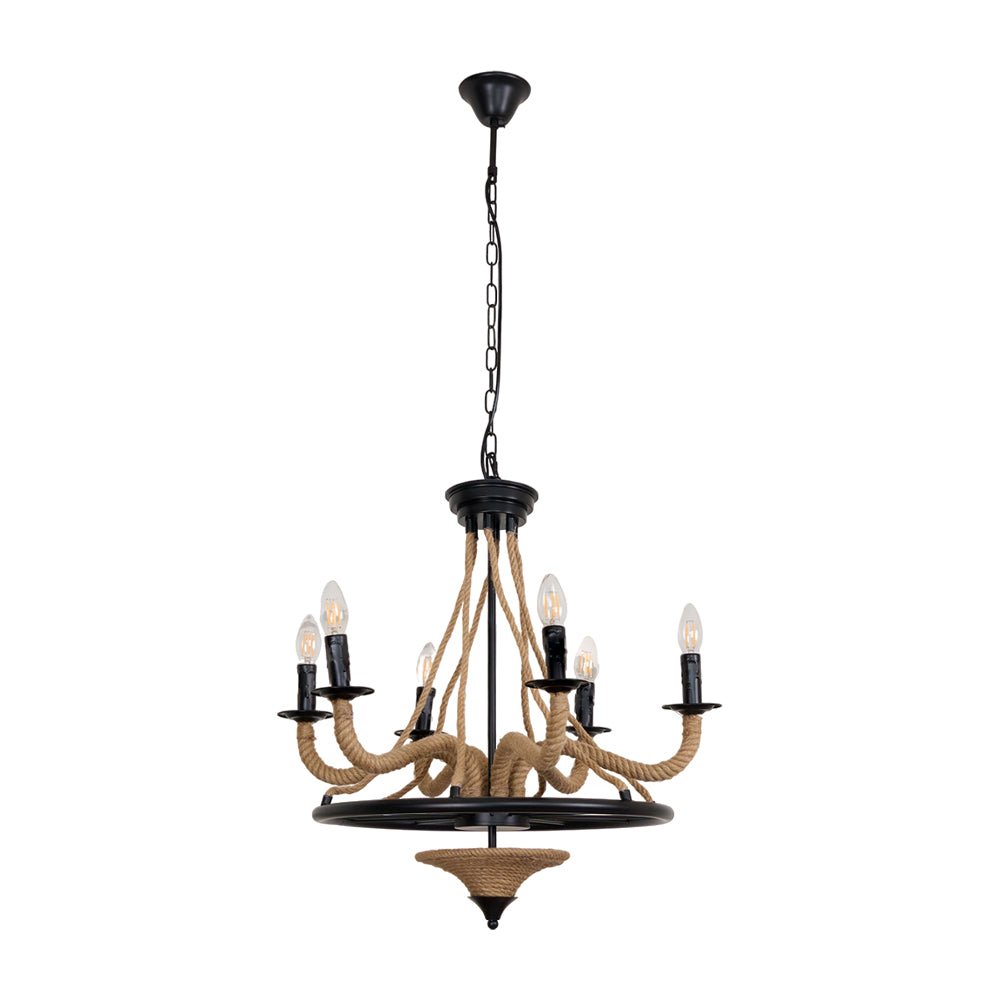 Industrial Hemp Rope Wheel Chandelier with Candle Lights for Dining Room
