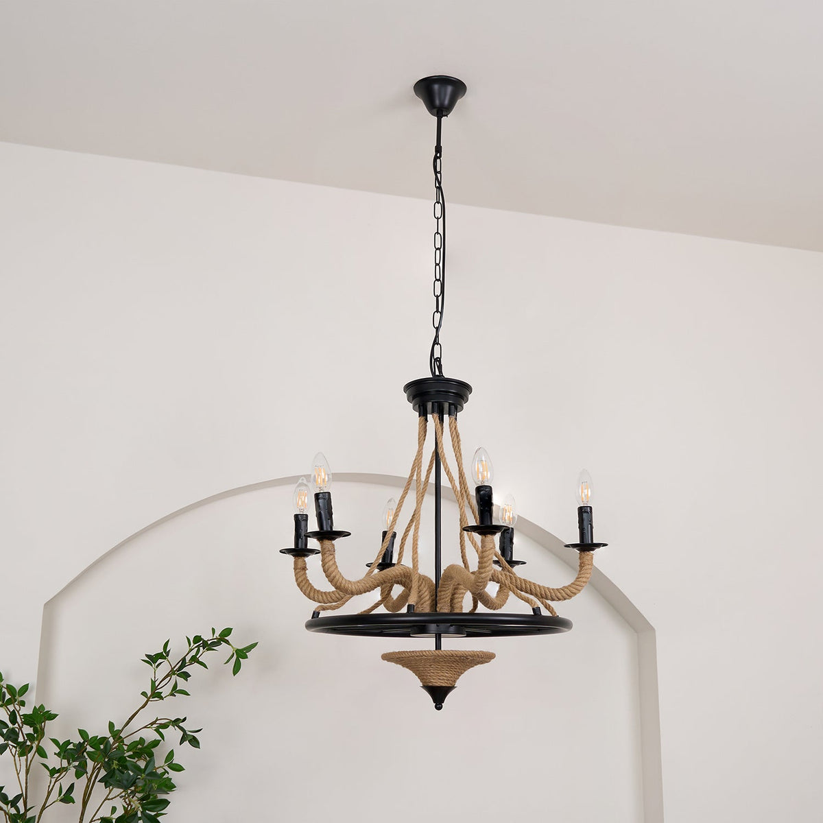 Industrial Hemp Rope Wheel Chandelier with Candle Lights for Dining Room