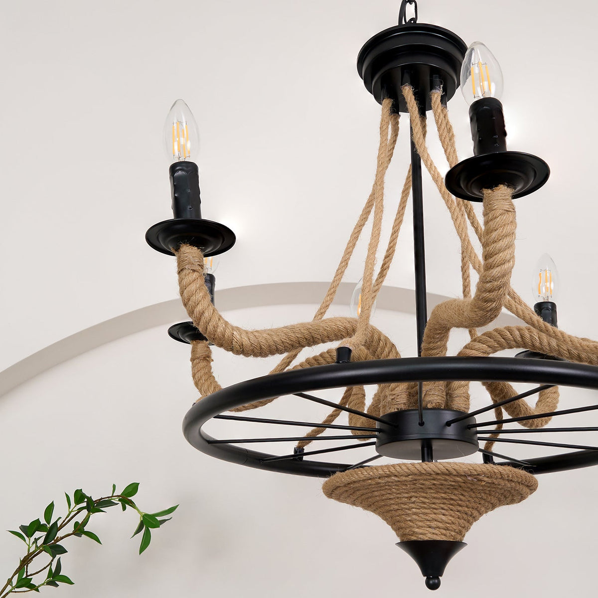 Industrial Hemp Rope Wheel Chandelier with Candle Lights for Dining Room