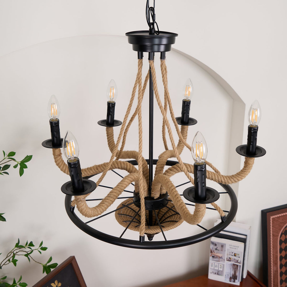Industrial Hemp Rope Wheel Chandelier with Candle Lights for Dining Room