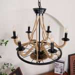 Industrial Hemp Rope Wheel Chandelier with Candle Lights for Dining Room