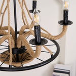 Industrial Hemp Rope Wheel Chandelier with Candle Lights for Dining Room
