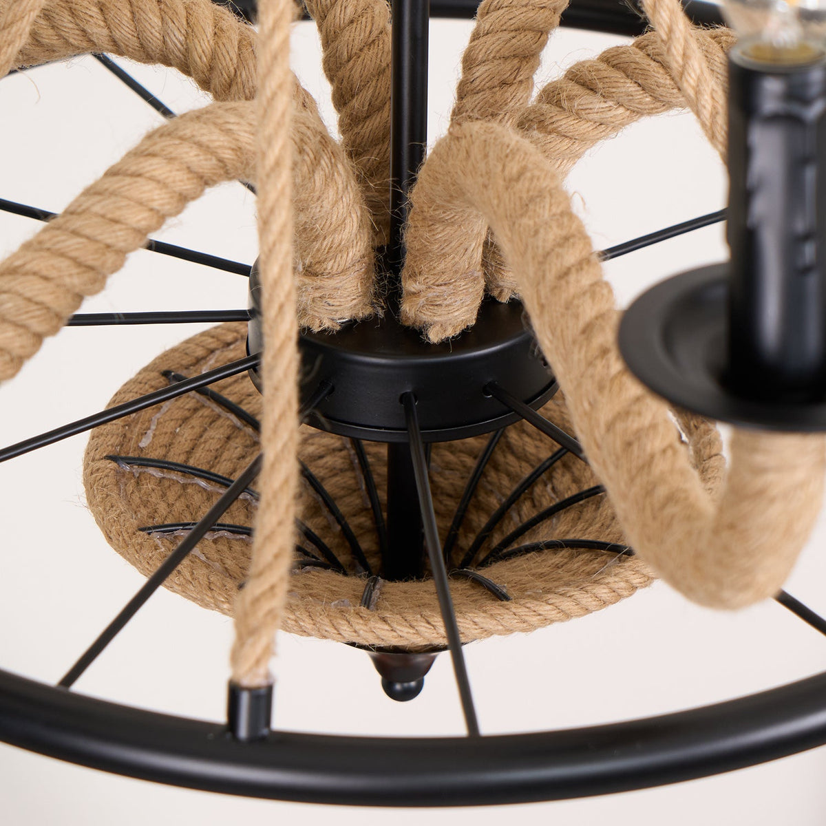 Industrial Hemp Rope Wheel Chandelier with Candle Lights for Dining Room