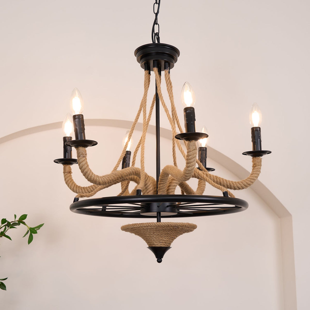 Industrial Hemp Rope Wheel Chandelier with Candle Lights for Dining Room