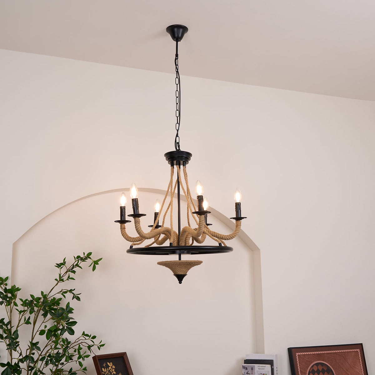 Industrial Hemp Rope Wheel Chandelier with Candle Lights for Dining Room