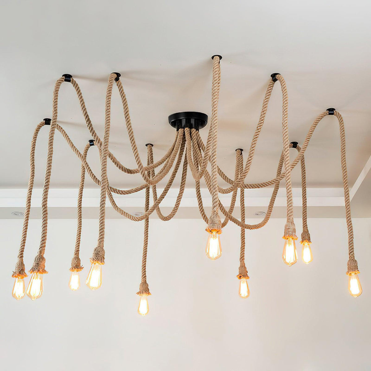 Artisan Hemp Rope Scattered Flower Chandelier for Rustic Interiors