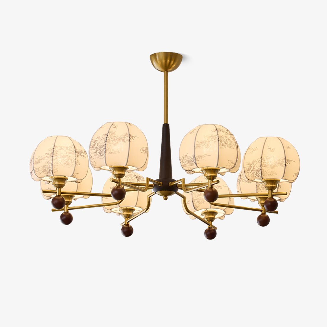 Heritage Bloom Chandelier — Walnut & Brass Pendant Light with Etched Floral Shades