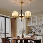 Heritage Bloom Chandelier — Walnut & Brass Pendant Light with Etched Floral Shades