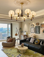 Heritage Bloom Chandelier — Walnut & Brass Pendant Light with Etched Floral Shades