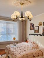 Heritage Bloom Chandelier — Walnut & Brass Pendant Light with Etched Floral Shades