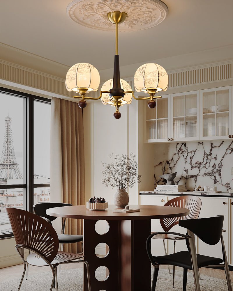 Heritage Bloom Chandelier — Walnut & Brass Pendant Light with Etched Floral Shades