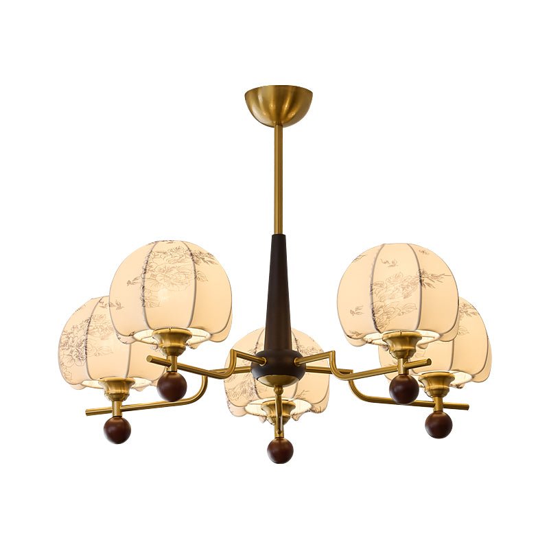Heritage Bloom Chandelier — Walnut & Brass Pendant Light with Etched Floral Shades
