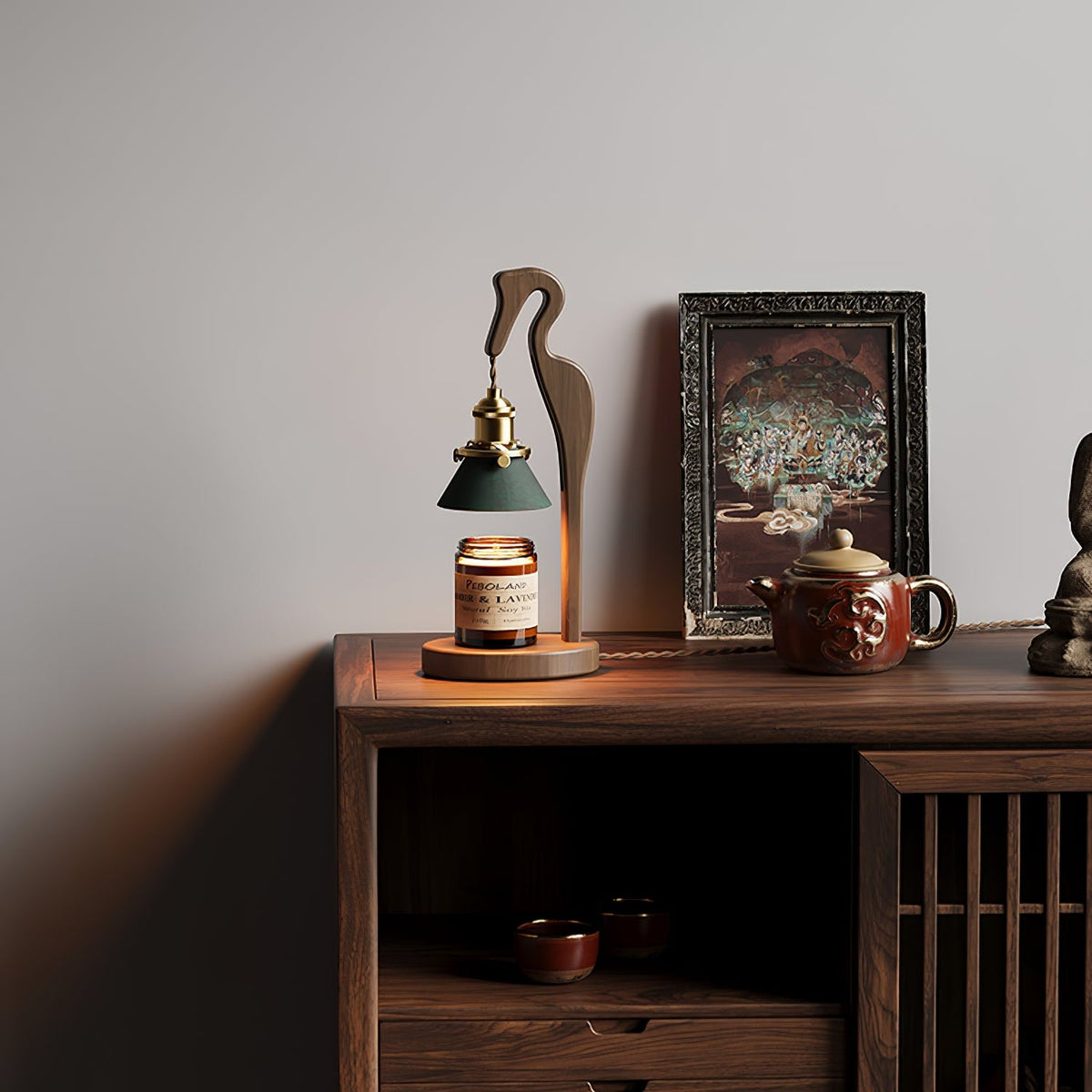 Walnut Heron Sculptural Table Lamp with Candle Warmer – Brass & Forest Green