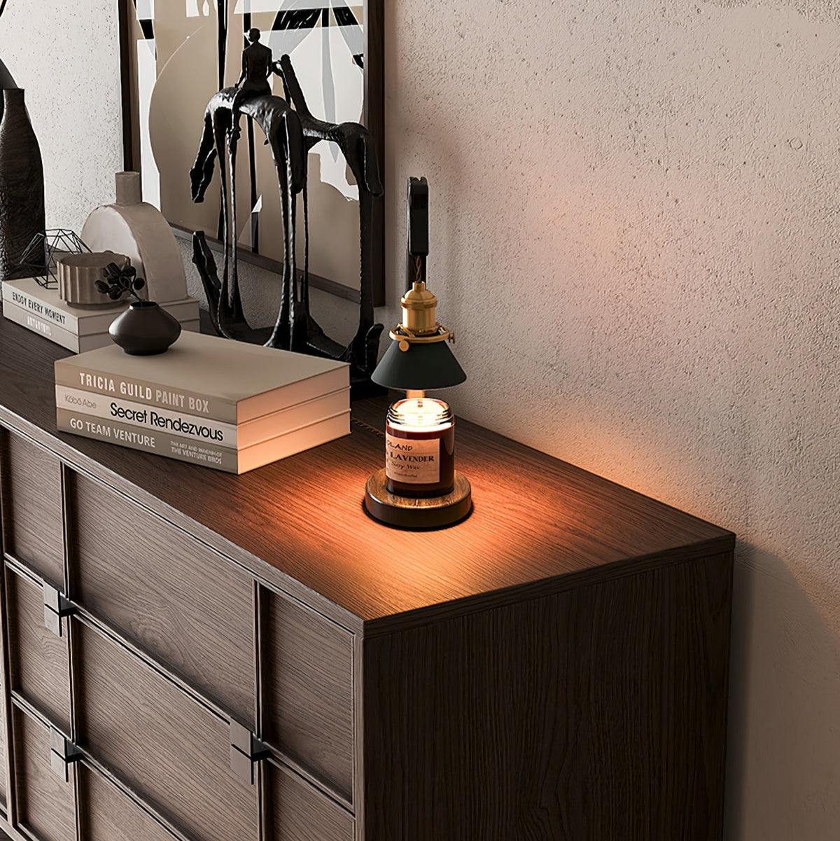 Walnut Heron Sculptural Table Lamp with Candle Warmer – Brass & Forest Green