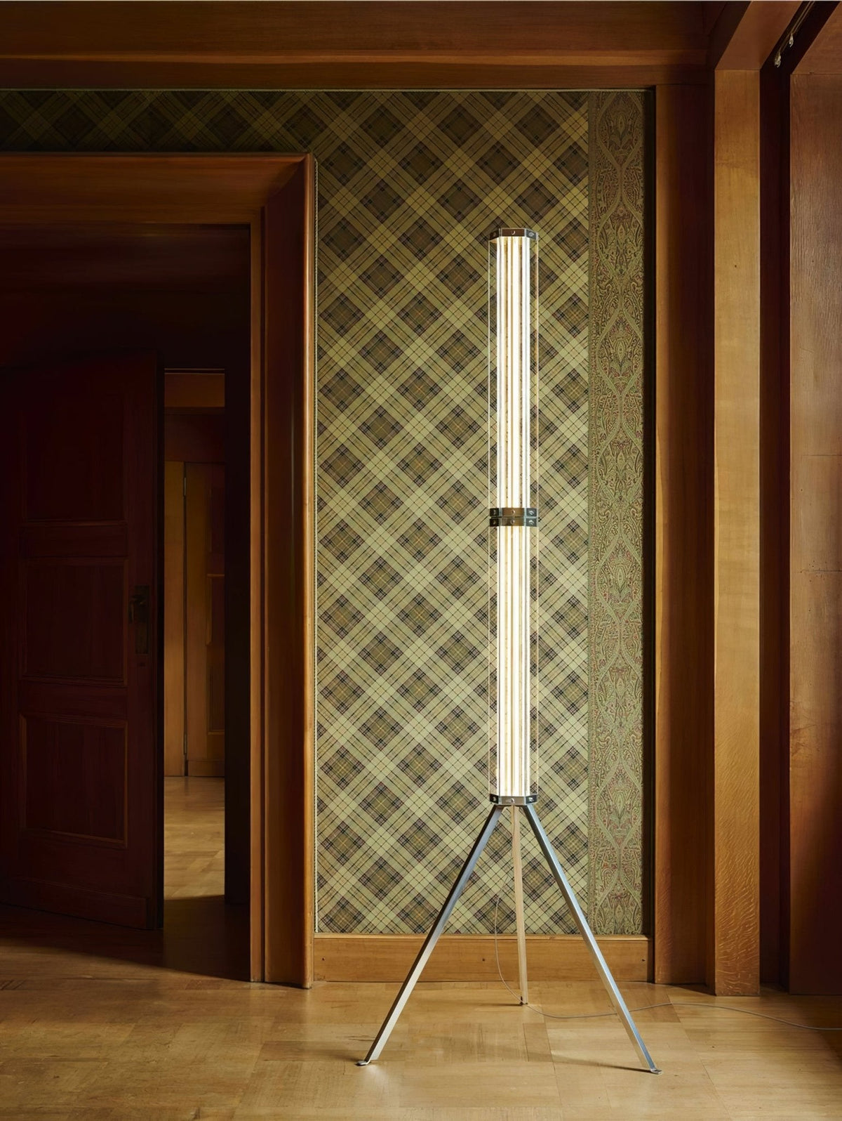 Hexagonal Glass Floor Lamp with Chrome Tripod Base