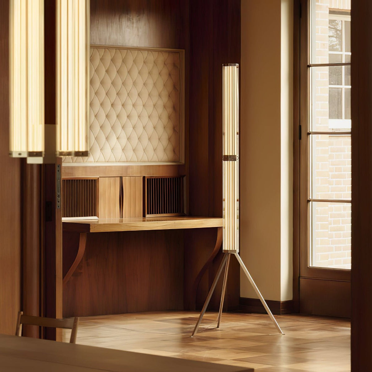 Hexagonal Glass Floor Lamp with Chrome Tripod Base
