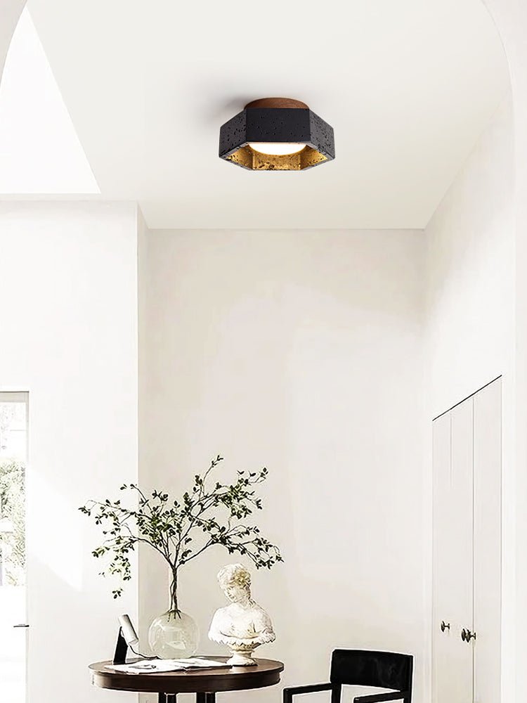 Hexarion Hexagonal Black Travertine Ceiling Light with Gold Interior