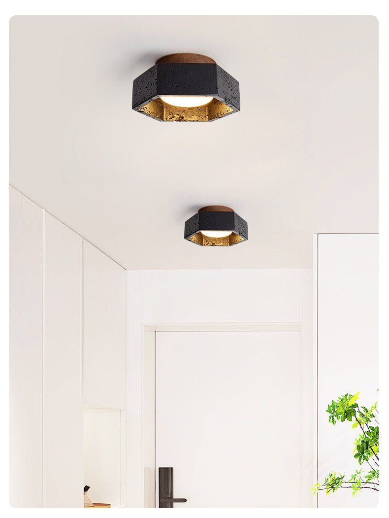 Hexarion Hexagonal Black Travertine Ceiling Light with Gold Interior