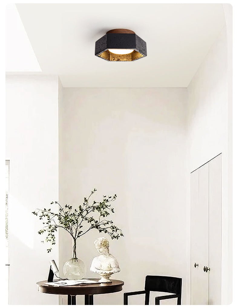 Hexarion Hexagonal Black Travertine Ceiling Light with Gold Interior