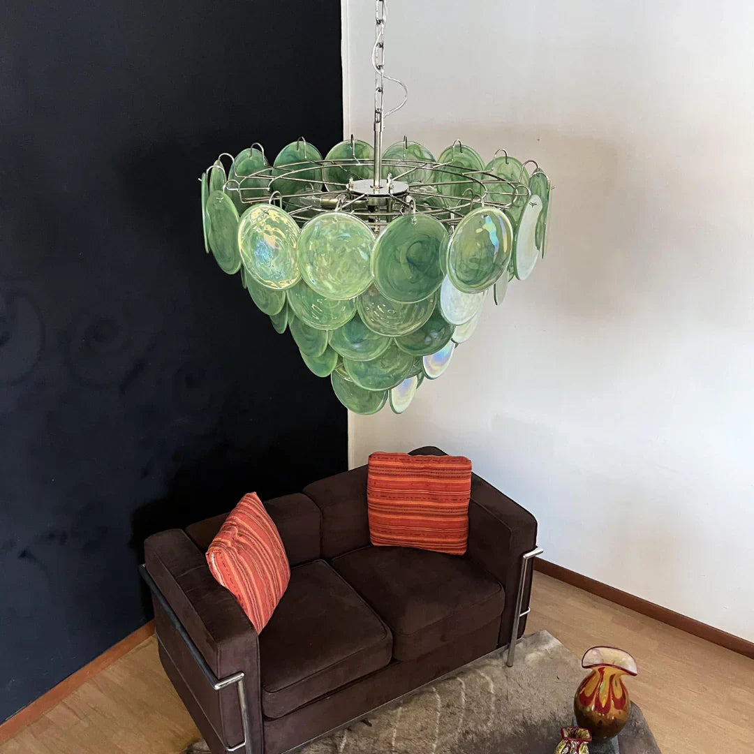 Elegant Green Murano Iridescent Disc Chandelier