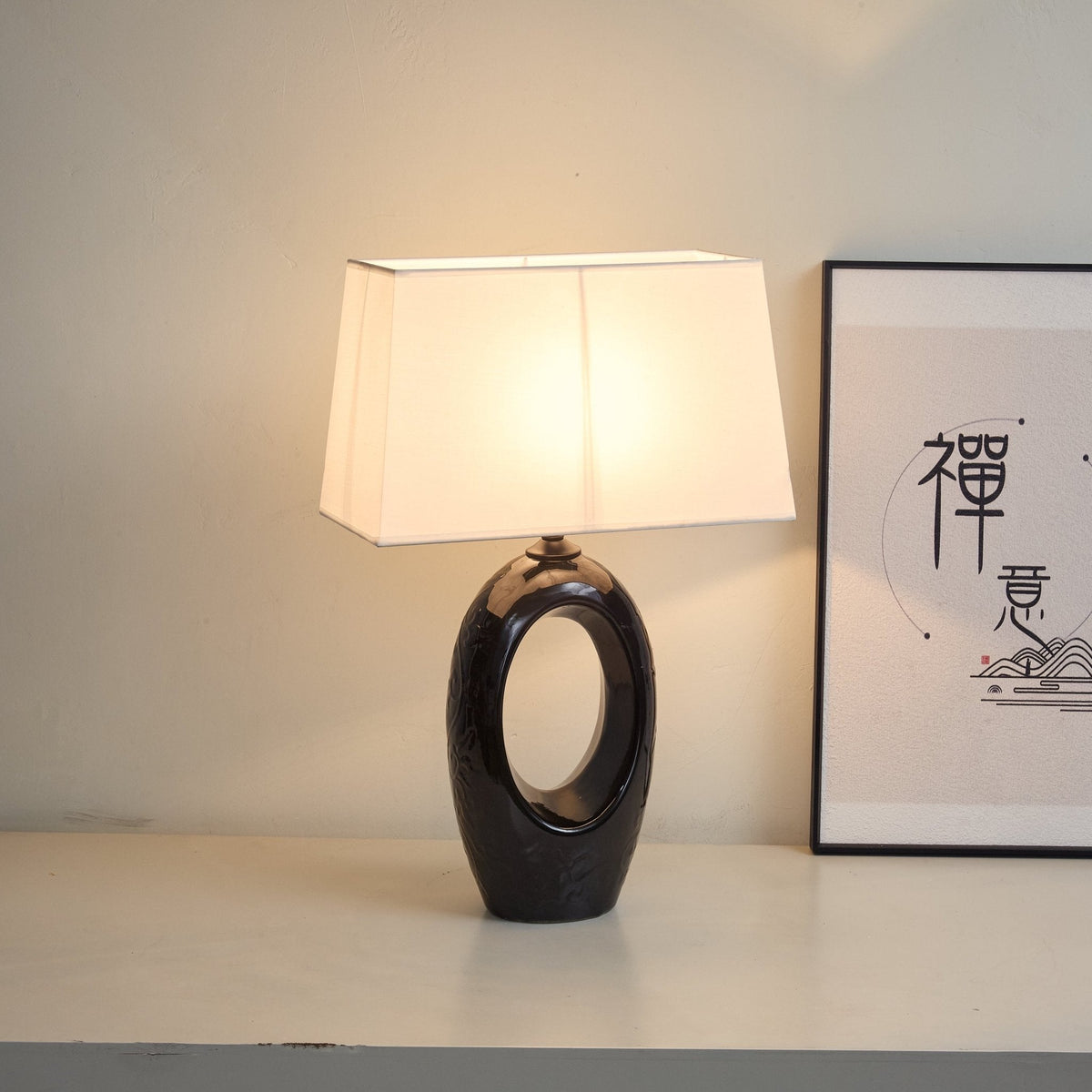Hollow Oval Ceramic Table Lamp with Fabric Shade