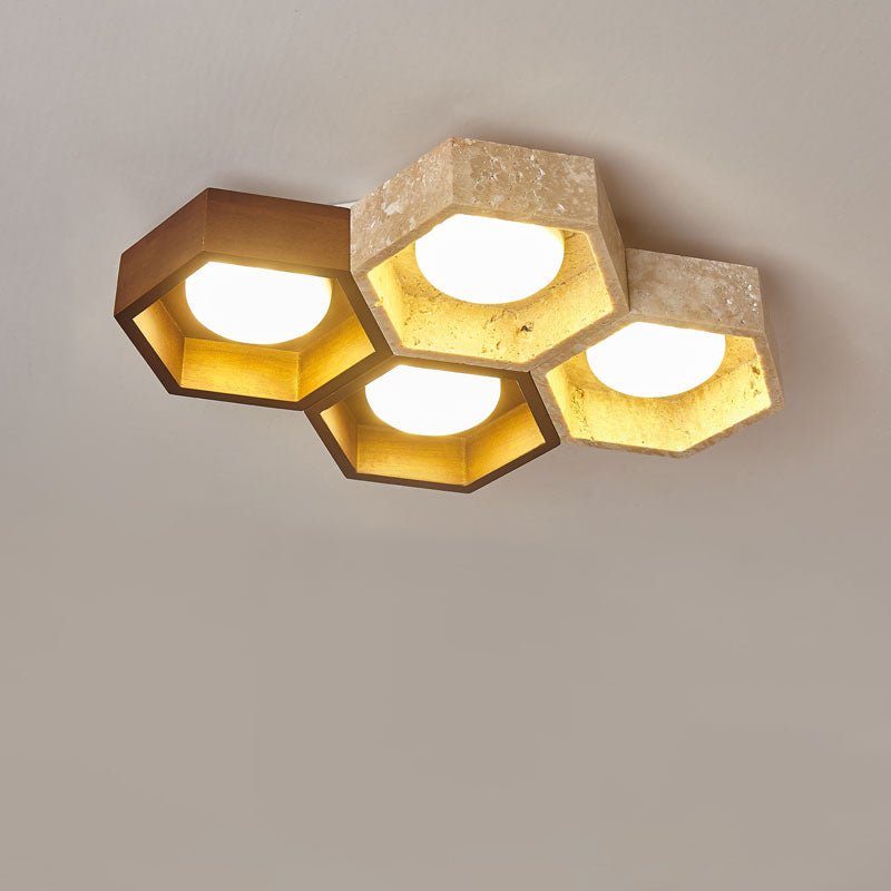 Honeycomb Travertine Ceiling Light – Natural Stone Flush Mount